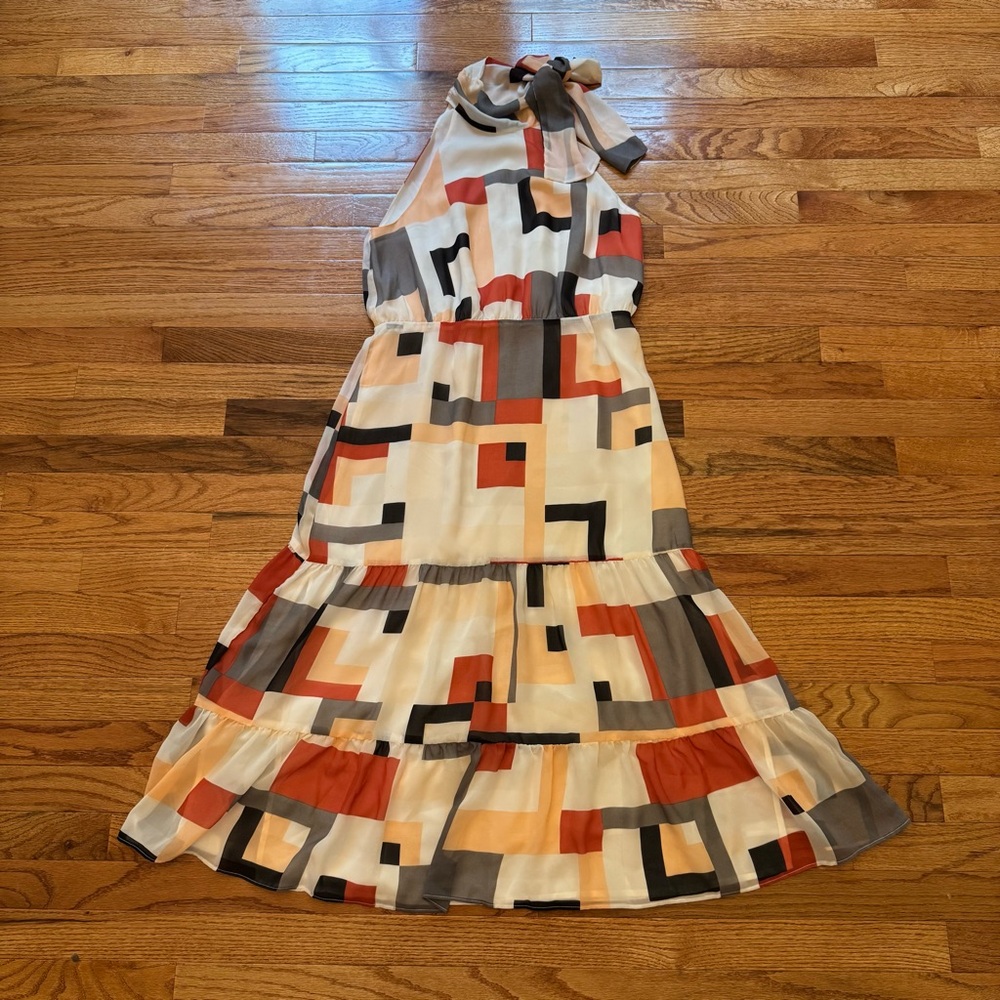 Basque Geometric Print Halter Midi Sundress - Picture 2 of 16
